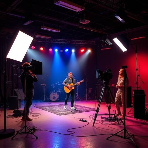 Captura de pantalla de un video musical de un artista local grabado en el estudio, con luces y efectos visuales.