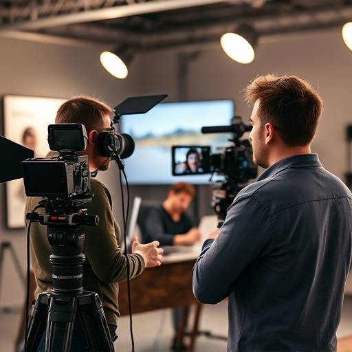 Un cliente revisando el material grabado junto con el director de producción.